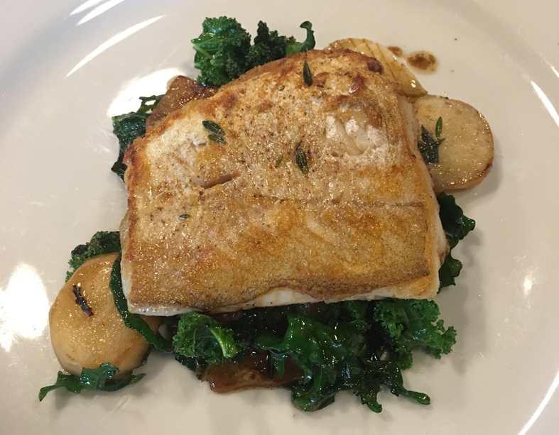 Pan fried whiting with atichokes and greens
