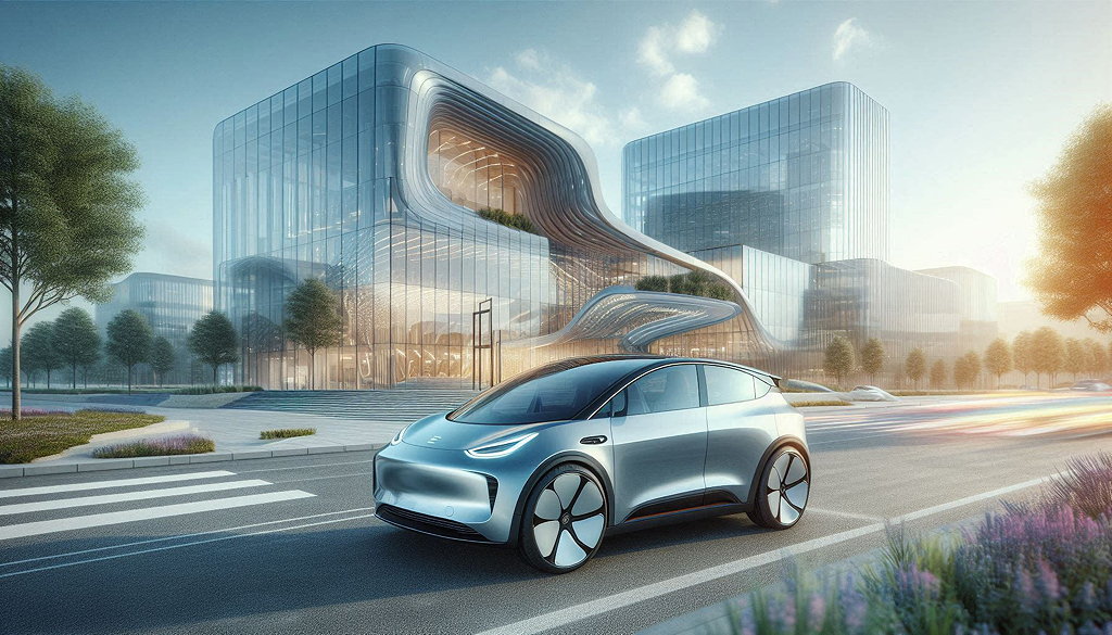 EV car in front of glass offices